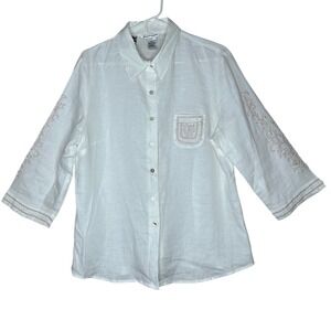 Richard Malcolm Irish‎ Linen Shirt XL White Embroidered Beaded 3/4 Sleeve Beach